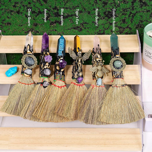 Natural Crystal Broom Magic Sweeper Amethyst Tower Broom Healing Crystal Point Witch Altar Supplies for Crystal Therapy