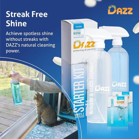DAZZ Whole House Starter Kit, 3 Reusable Spray Bottles & 6 Refills, Eco Friendly Cleaners