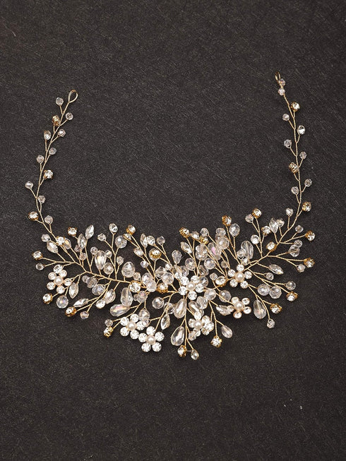 Kercisbeauty Handmade Bridal Rhinestones Flower Side Headband, Spring Headpiece Hair Vine Accessories, Rose Gold