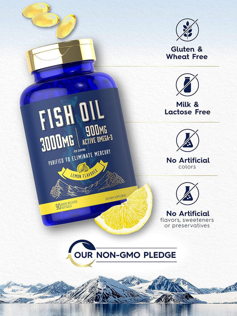 Carlyle Fish Oil 3000mg | 900mg Omega 3 | 90 Softgels, Lemon Flavor, Non-GMO, Gluten Free