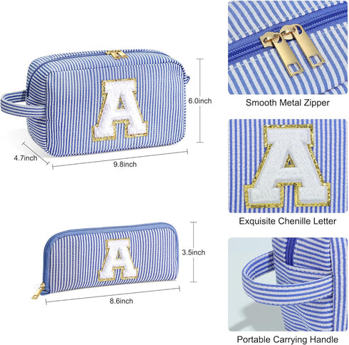Makeup Bag for Women, Monogram Cute Initial Blue Cosmetic Toiletry Pouch, Personalized Birthday Gifts