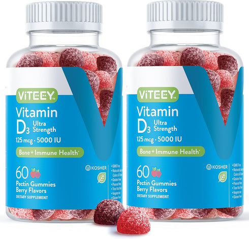 Vitamin D3 Gummies for Adults & Teens, 5,000 IU, 125mcg, Ultra Strength, Chewable, Berry Flavored