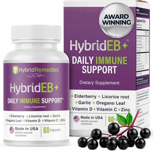 HybridEB Sambucus Elderberry Immune Support with Vitamin C, Zinc, D3 - 60 Capsules, 1 Month Supply