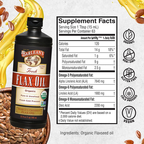 Barlean's Organic Flaxseed Oil Liquid, Cold Press, 32 oz, 7,640mg ALA Omega 3 Supplement