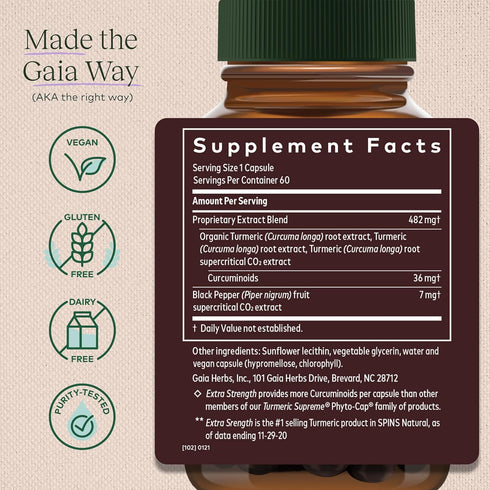 Gaia Herbs Turmeric Supreme Extra Strength - Helps Reduce Occasional swelling from Normal Wear & Tear - with Turmeric Curcumin & Black Pepper - 60 Vegan Liquid Phyto-Capsules (Up to 60-Day Supply)