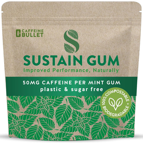 Sustain Caffeine Gum - Natural Mint Energy Gum, 12 Pieces, 50 mg Caffeine, Biodegradable, Sugar-Free, Plant-Based