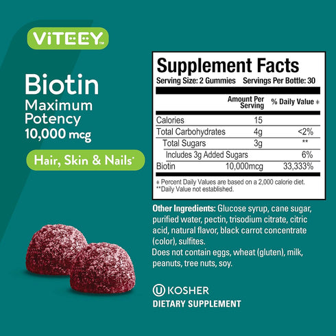 Viteey Biotin Gummies for Hair Growth - 10,000 mcg Vegan, Gluten-Free, Non-GMO - 60 Count for Hair Skin and Nails