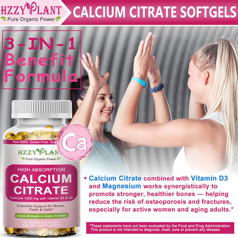 HZZYPLANT 1200 D3 2 Calcium Supplements for Women Softgels, High Absorption Calcium Citrate Supplement Essential