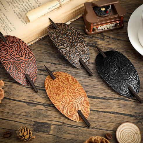 Leather Hair Clip with Stick, Faux Leather Hair Barrette, Oval Shape Hair Accessories for Women
