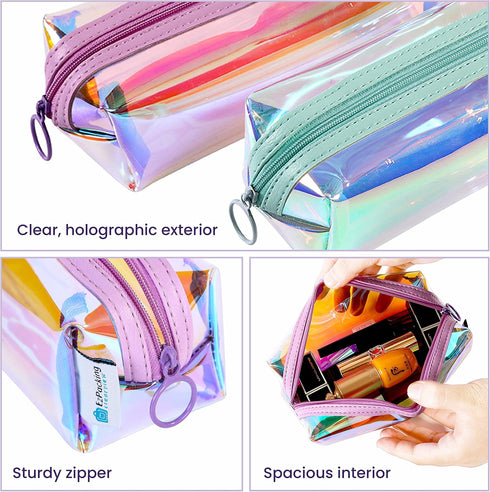 EzPacking Holographic Clear Makeup Pouch, Cute Iridescent Cosmetic Organizer, Transparent Zipper Bag for Purse (Lilac)