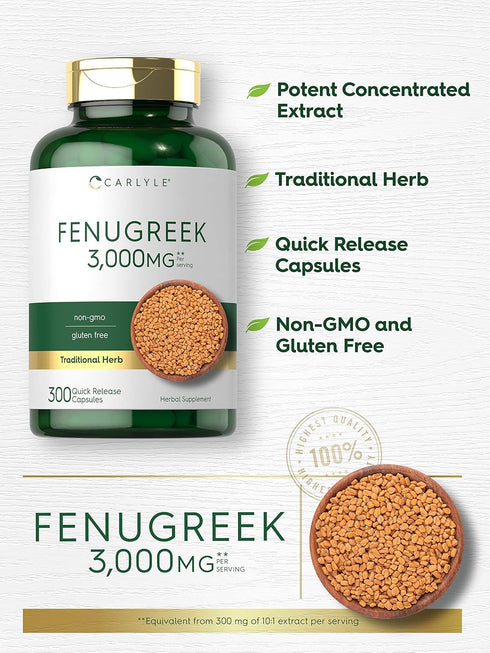 Carlyle Fenugreek Capsules, 300 Count, Non-GMO & Gluten Free Extract, Fenugreek Seeds