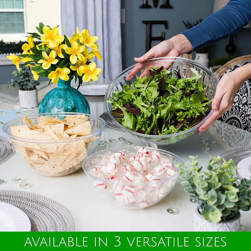 PLASTICPRO 96 Ounce Round Crystal Clear Disposable Serving Bowls with Lids, Pack of 4 for Party Snack or Salad