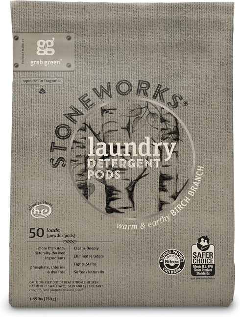Grab Green Stoneworks Laundry Detergent Pods, Birch Branch, 50 Count, Naturally-Derived Powder Pods