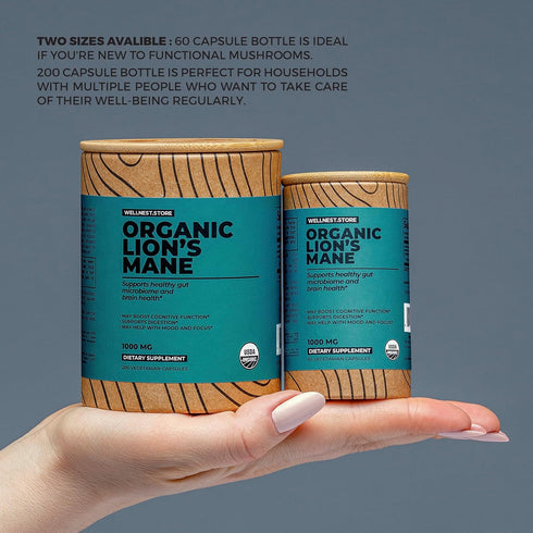 Lions Mane Mushroom Organic Supplement (Hericium Extract) 60 Veggie Caps for Immune Support and Cognitive Function