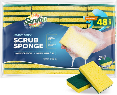 SCRUBIT 48 Pack Heavy Duty Scrub Sponges, Dual Sided Dish Sponge Ideal for Cleaning Kitchen, Dishes, Bathroom
