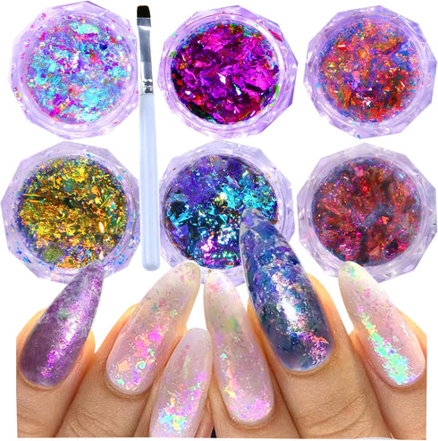 Nail Glitter for Nail Art, Chameleon Flakes, Holographic Nail Powder Set, 6 Boxes Nail Art Design Kit for Women