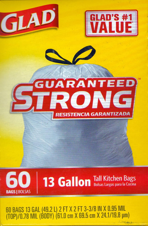 Glad Tall Kitchen Drawstring Trash Bags, 60 Ct, 13 Gal with Reinforcing Bands