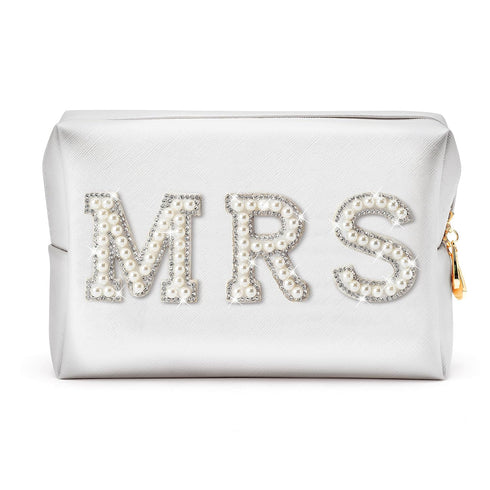 Y1tvei Mrs Cosmetic Large Bag, White Patch Varsity Letter MRS Toiletry Big Makeup PU Bag for Wedding Bride