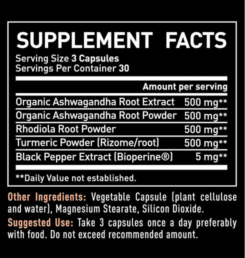Ashwagandha Complex - Organic Ashwagandha Root Powder + Rhodiola Rosea + Turmeric - Premium Support Capsules Supplement
