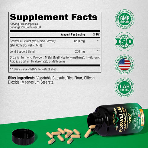 Boswellia Extract Capsules - Boswellia Serrata 1200mg, 65% Boswellic Acid - Joint Comfort & Health Support Supplement - w/Turmeric, Hyaluronic Acid, MSM & L-Methionine - Non-GMO, Vegan - 120 Capsules
