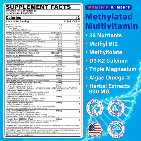 Gummies Omega-3, D3 K2, B12, CoQ10, 18 30 40 50 60 70+, Methylated Multivitamin for Women & Men w/ Calcium