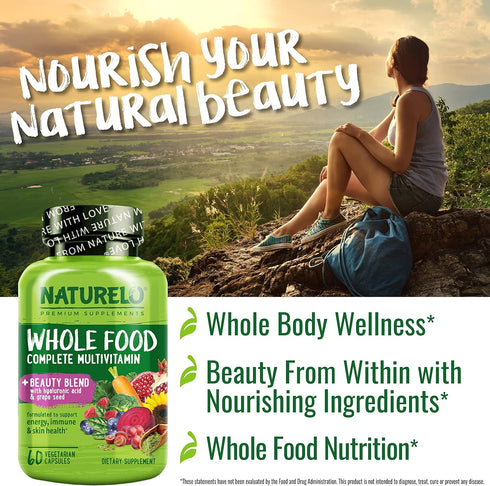 NATURELO Whole Food Multivitamin with Extra Hair, Skin and Nails Support - 60 Vegan Capsules