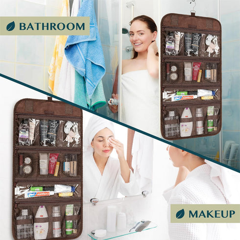PAVILIA Hanging Toiletry Bag - Travel Kit Organizer for Men Women, Waterproof Dopp Case, Brown