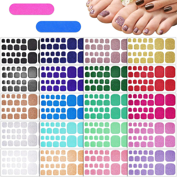 Maitys 440 Pcs Glitter Toenail Stickers, 20 Sheets with 2 Nail Files, Solid Color Full Nail Wraps for Women