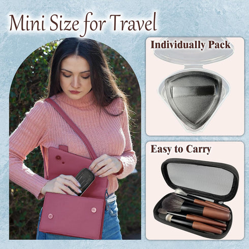 Travel Makeup Brush Set with Case, Mini Brushes for Powder, Foundation, Eyeshadow, 10 Pcs & 2 Triangle Puffs