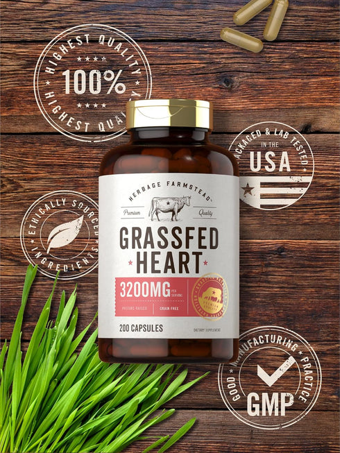Carlyle Grass Fed Beef Heart Supplement | 3200mg | 200 Count | Desiccated Pasture Raised Bovine Capsules, Non-GMO