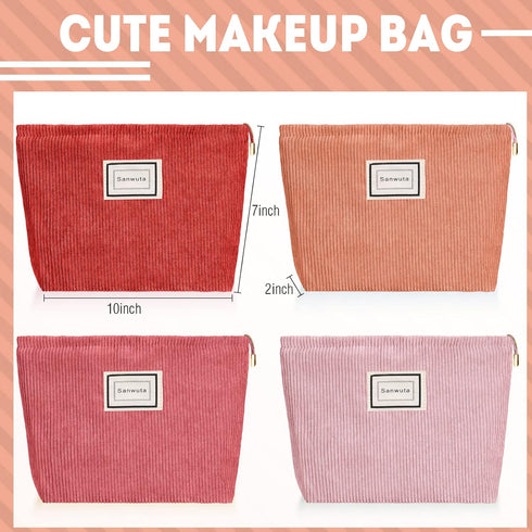 Sanwuta 4 Pack Velvet Makeup Bag, Large Capacity Corduroy Cosmetic Pouch Zipper Canvas Travel Toiletry Bag for Girls