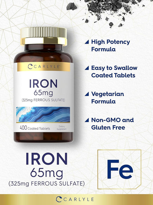 Carlyle Iron Ferrous Sulfate 65 mg | 400 Tablets | Non-GMO, Gluten Free, Vegetarian High Potency Supplement