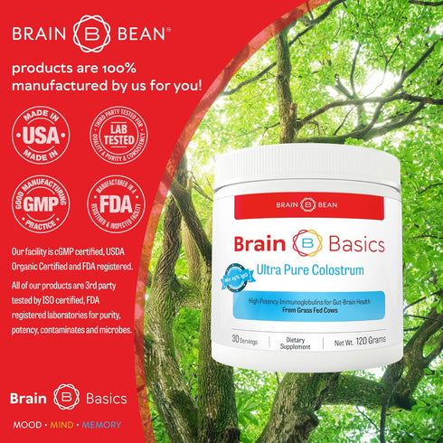 Brain Basics Ultra-Pure Colostrum, 4000mg per Serving, Min 25% IgG Antibodies, Gut-Brain-Immune Health, 120 Grams - 30