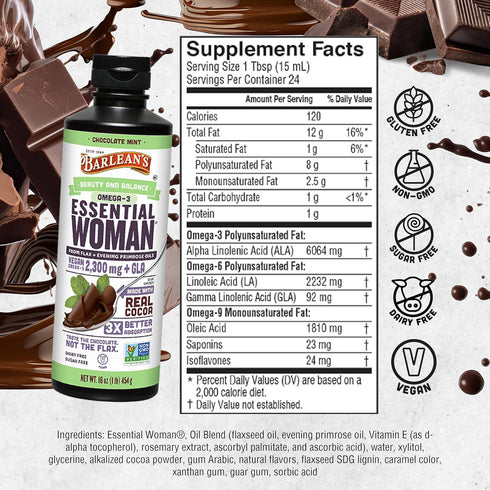 Barlean's Essential Woman Liquid Supplement, Chocolate Mint, 16 oz, Flaxseed, Evening Primrose Oil & Soy Isoflavones