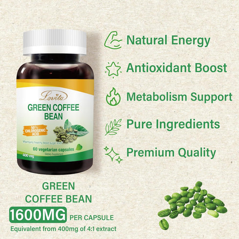 Green Coffee Bean Extract - Natural Antioxidant, High Potency 1600mg Equivalent, Vegan-Friendly Dietary Supplement (60