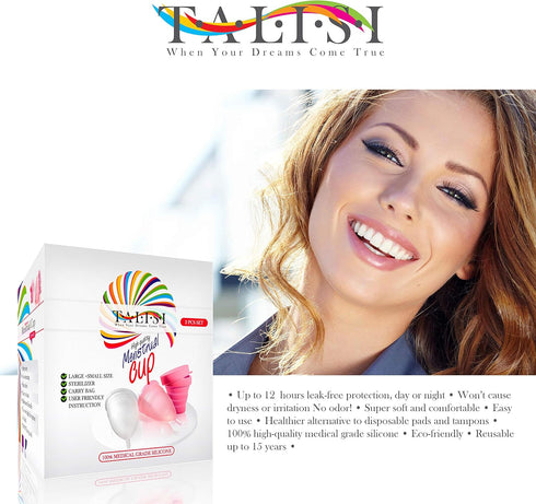 Talisi Menstrual Cups Set of 2, Soft Reusable Period Kit with Collapsible Cleaner Silicone Sterilizer (Small & Large)