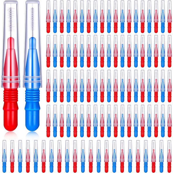 BBTO 100 Pcs Braces Dental Brush Flosser, Interdental Brush Toothpick for Oral Dental Cleaning Tool (Red and Blue)