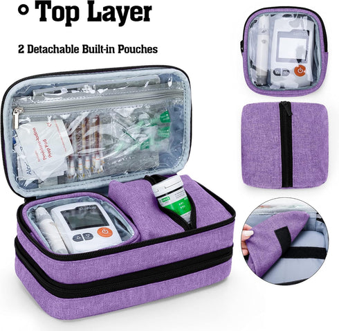CURMIO Insulated Diabetic Supplies Travel Case, Double Layer Cooler Bag with Detachable Pouches, Purple