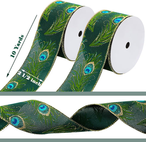 Syhood 2 Rolls Peacock Print Wired Ribbons, 10 Yards Gold Glitter Decorative for Christmas Decor and DIY Crafts (2.5