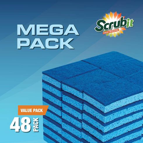 SCRUBIT 48 Pack Kitchen Sponges - Dish Sponge for Washing Dishes, Kitchen & Bathroom – Blue Dishwashing Sponges Along with A Thought Scrubber – Bulk Cleaning sponges Kitchen (Blue) by SCRUBIT