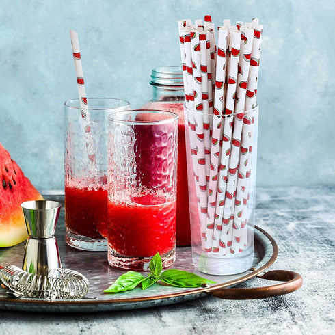 Watermelon Paper Straws Pack of 100, Biodegradable Disposable Party Decorations, 7.75 Inches