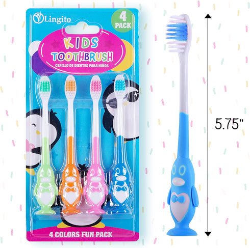 Kids Toothbrush Suction Cup - Toddler Toothbrush with Soft Bristles, Suction Cups for Easy Access - 4 Pack (Penguin)