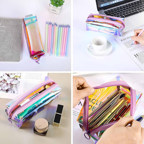 EzPacking Holographic Clear Makeup Pouch, Cute Iridescent Cosmetic Organizer, Transparent Zipper Bag for Purse (Lilac)
