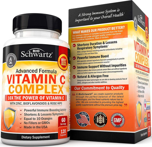 Vitamin C Complex Supplement - 1000mg Capsules with Rose HIPS, Zinc, Citrus Bioflavonoids - 120 Count