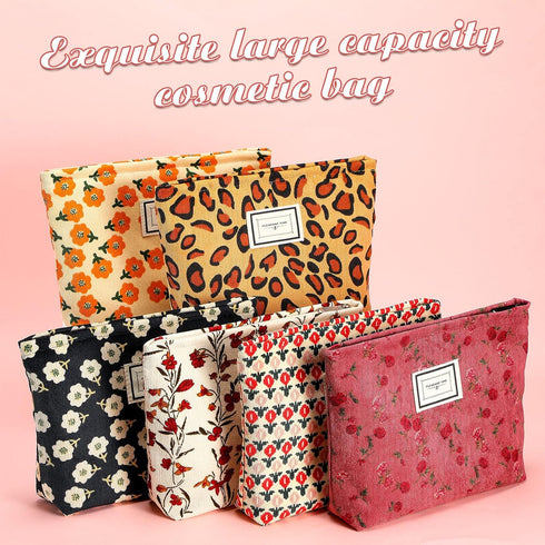 Sanwuta 6 Pcs Velvet Makeup Bag, Large Capacity Corduroy Cosmetic Pouch with Zipper, Travel Toiletry Organizer for Women