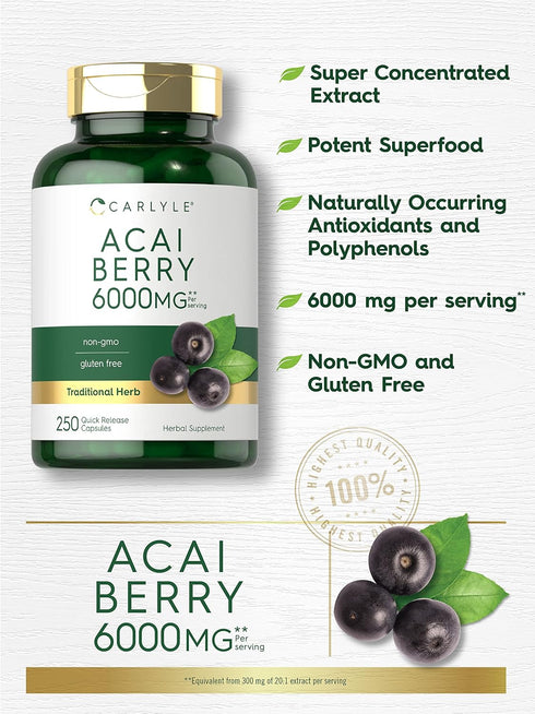 Carlyle Acai Berry Capsules 6000mg - 250 Count, Non-GMO & Gluten Free Acai Berry Extract