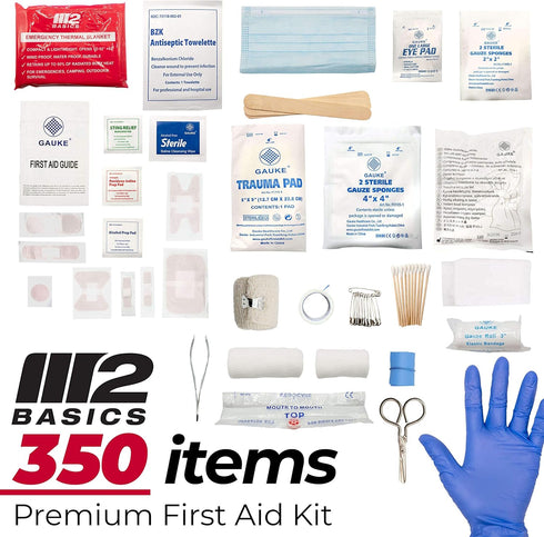 M2 BASICS 350 Piece Professional Emergency First Aid Kit | Hard Case, Dual Layer, Wall Mountable for Home, Office,
