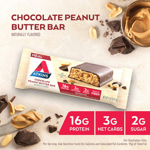 Atkins Chocolate Peanut Butter Protein Meal Bar, 12 Count, 16g Protein, Low Carb, 2g Sugar, Keto Friendly, High Fiber,