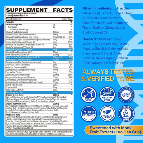 Gummies B12, D3K2, Coq10, 60 Methylated Multivitamin for Men & Women + Greens & Mushroom Blend, Methylfolate & TMG