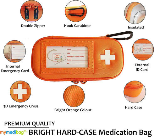 Double Epipen Carry Case - Hardcase Insulated Medication Bag, Bright Orange Epipen Holder for Emergencies